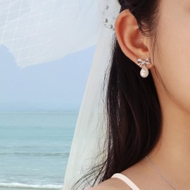 Meissa Dainty Bridal Bow Dangle Earrings for Women Gold Plated Pearl Drop Earring 925 Sterling Silver Diamond Earring Prom Wedding Jewelry Gift, Rose Gold