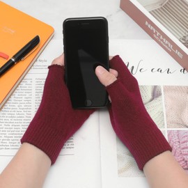 ZLYC Women Winter Fingerless Gloves Wool Knit Half Finger Stretch Glove(Solid Dark Red)