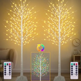 2 Pack 8FT Lighted Birch Tree with 420 LEDs Warm White and Multicolor Lights, 8 Functions Remote Faux Light Up Twig Christmas Tree with Lights for Indoor Outdoor Xmas Holiday Party Decoration