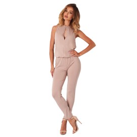 Lemoniade Stylish jumpsuit V-neck and refined details as halterneck, short sleeve or long sleeve, Cappuccino halterneck
