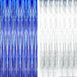 AILEXI 2 x 92 cm x 245 cm party supplies foil fringe shimmer curtains, door window decorations streamer or wall backdrop tinsels - dark blue silver