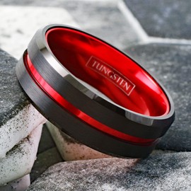 Engraved 6mm/8mm Black Tungsten Wedding Band w/Red Stripe & Red Anodized Aluminum Inner Band (tungsten (6mm), 8.5)