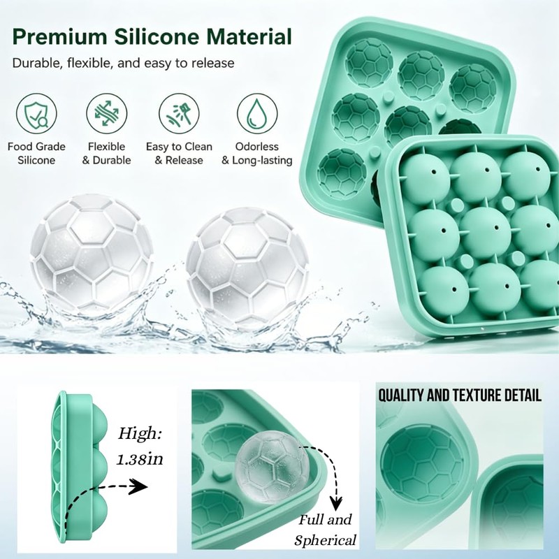 3D Soccer Ball Silicone Ice Mold, 9 Cavity Sphere Tray,