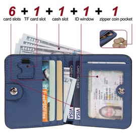 GADIEMKENSD Small Wallet Top Grain Leather RFID Blocking Mini Bifold Ultra Slim Minimalist Purse with Zipper Coin Pocket, navy, Elegant and minimalist