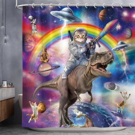 Funny Cat Shower Curtain, Cool Cat Riding Dinosaur Colorful Space Universe Shower Curtain Kids Set, Fantasy Galaxy Fun Anime Boys Shower Curtains for Bathroom with 12PCS Hooks 72X72IN