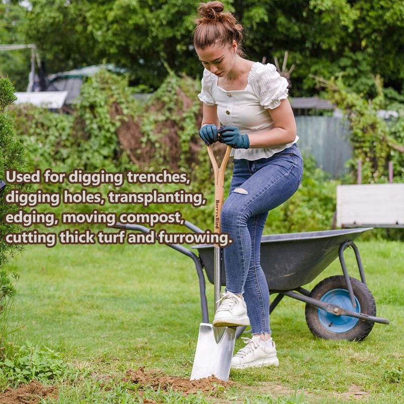 Berry&Bird Garden Digging Spade, 41" Stainless Steel Square Border Spade,