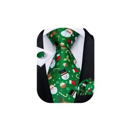 DiBanGu Green Christmas Ties for Men Silk Necktie and Pocket Square Set with Cufflinks Holiday Theme