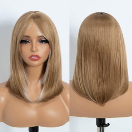 Rebecca Q Short Brown Wig with Curtain Bangs Straight Wig for Woemn Shoulder Length Natural Synthetic Wig Short Blonde Wig for Daily Use Cosplay 16 inches