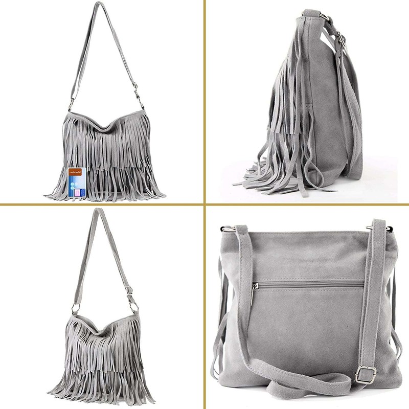 Kitise Womens Bright Colour Real Italian Suede Leather Fringe Shoulder