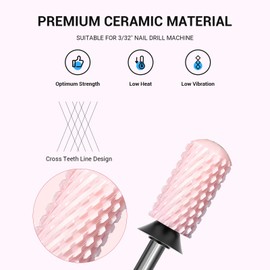 MelodySusie Ceramic Nail Drill Bit, 3/32'' Smooth Round Top Large Barrel Bits, Suitable for Manicure Pedicure Cuticle Gel Polishing, Beginners Bits, Pink, Series Bit-S, Extra Coarse