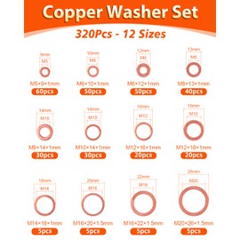320 Pieces Copper Sealing Rings Assortment, Jeboler Copper Sealing Rings Set, Copper Sealing Rings Copper Rings Assortment M5 M6 M8 M10 M12 M14 M16 M20 Copper Seal for Fuel Accessories