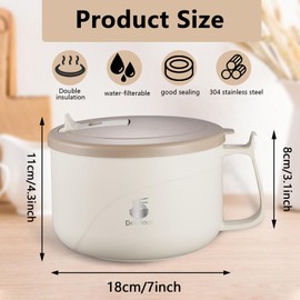 43.9 Oz 1300 ML Microwave Noodle Bowl with Lid & Handle, Stainless Steel Liner Soup Bowls Microwavable, Travel Instant Soup Mugs Container for Home Office Dorm Room College (Brown)
