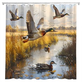 Mallard Duck Shower Curtain Wild Duck Hunting Flying Themed Bird Rustic Natural Lake Scenery Farmhouse Cabin Animal Nature Landscape Bath Curtain Fabric Bathroom Accessories Decor with Hooks 70W x70L