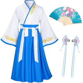 Asian Traditional Dress Kimono Robe for Kids Girls Costume Silk Folding Fans hairstick Cosplay（White Blue120cm