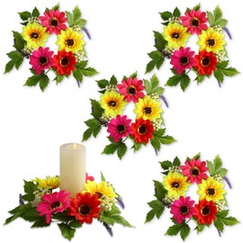 Maysing 4 Pcs Flower Candle Rings Wreaths Summer Floral Candle Rings Small Pillar Candle Wreaths Artificial Gerbera Daisy Candle Holder Rings for Wedding Party Spring Home Table Centerpieces