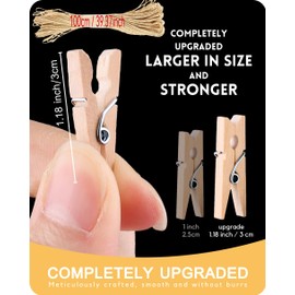 Pack of 100 Mini Wooden Pegs, 3 cm Wooden Clothes Pegs, with 10 m Jute Twine, Natural Wooden Pegs, Small, Decorative Clothes Pegs, Natural Decorative Pegs for Photos, Photo Wall, Postcards, Letters (3