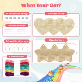 VKPI Wooden Cross Stitch Kits for Kids, Make Your Own 6 Cross Stitching Keyrings, Wood Sewing Kit, Arts & Crafts Stars, Hearts Ornaments, Plastic Needle Embroidery Kit for Beginners, Girls, 6-13