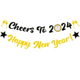 Elicola Happy New Year with Cheers to 2024 Banner Bunting New Year Eve Black Gold Glitter Backdrop for Party Decorations