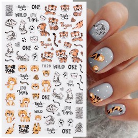 Vezocim Tiger Nail Art Sticker Decals, 3D Cartoon Animal Tiger Nail Self-Adhesive Sticker Designs, Funny Tiger Nail Transfer Decal Acrylic Supplies for Women Girls Manicure Tips Decorations