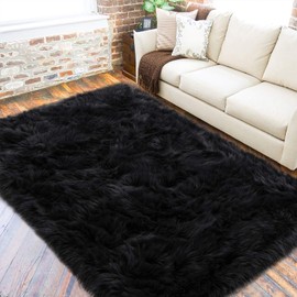 LOCHAS Ultra Soft Fluffy Rugs Faux Fur Sheepskin Area Rug for Bedroom Bedside Living Room Carpet Nursery Washable Floor Mat, 3x5 Feet Black