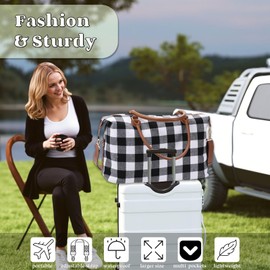 White Buffalo Plaid Duffel Bag, Stylish Weekender Bags for Travel, Checkered Pattern Overnight Bag With Shoulder Strap,Large Lightweight Hospital Bag Foldable Western Gifts for Women