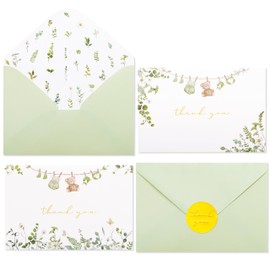 Crisky Sage Green Baby Shower Thank You Cards with Envelopes & Stickers(50 Pack), Eucalyptus Baby Thank You Cards Bulk with Watercolor Wildflower Design for Newborn Boy Girl Birthday