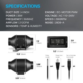 iPower 4 Inch Smart Inline Duct Ventilation Fan, Carbon Filter, 8 Feet Ducting with Temperature Humidity App Control via WiFi, Voice Control with Alexa, for HAVC Hydroponics/Grow Tent