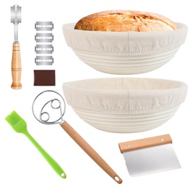 Roloxye Bread Banneton Proofing Basket Set, Sourdough Bread Baking Supplies, 9 Inch Round Sourdough Baking Basket with Linen Liner, Dough Scraper, Bread Lame, Danish Whisk, Basting Brush