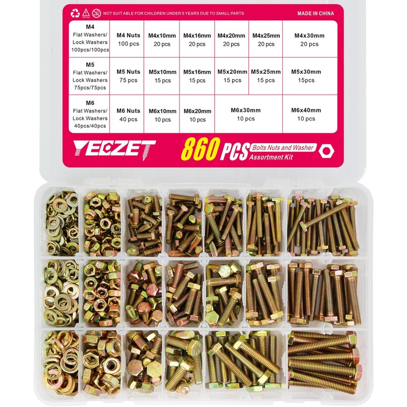 YEEZET 860pcs Grade 8.8 Metric Bolt Assortment Kit,M4 M5 M6