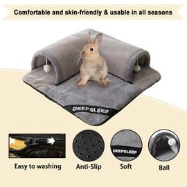 Rabbit Tunnel Bed Plush, Bunny Tunnel Tube with Removable Mat, Hideout Toys for Guinea Pig, Rabbit, Bunny, Chinchilla, Cat, Grey (One Size)