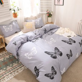 Freyamy Girls' Bed Linen Set 135 x 200 cm 2-Piece Grey Butterfly Reversible Bed Linen Brushed Microfibre Soft Bedding Sets Romantic Duvet Cover with Zip and Pillowcase 80 x 80 cm