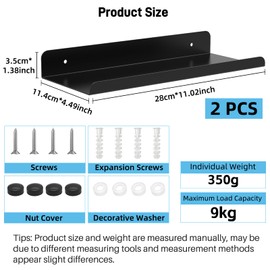 Tyanlenr Pack of 2 Metal Wall Shelves, Floating Shelves, Black, 28 cm, Wall Shelves, Bathroom Wall Floating Shelves, Metal Kitchen Shelves, Decorative Wall Shelf for Living Room, Bathroom, Bedroom