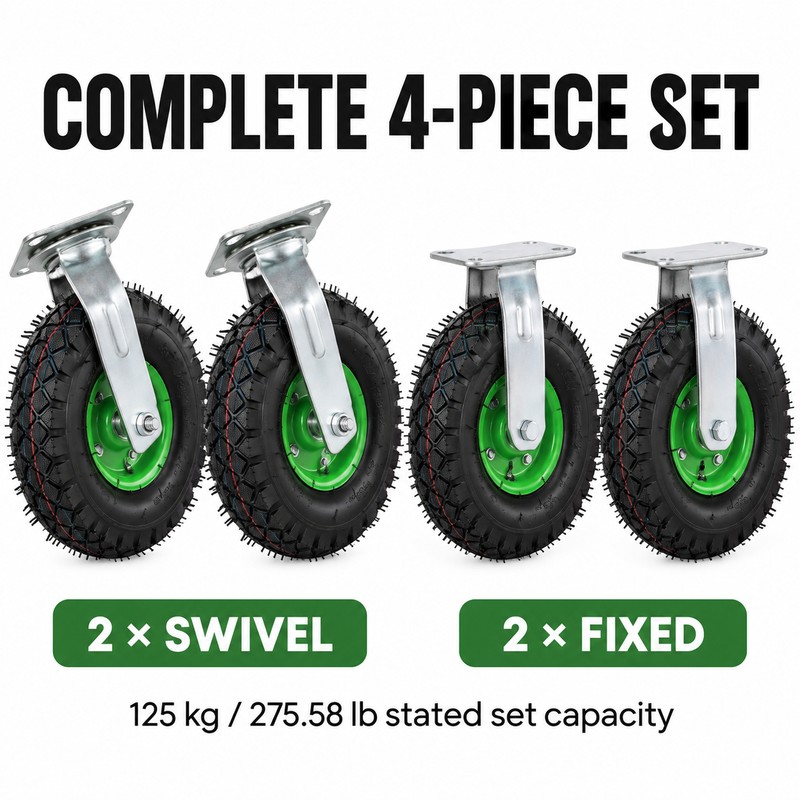 10 Inch Pneumatic Caster Wheels Set of 4, Heavy Duty