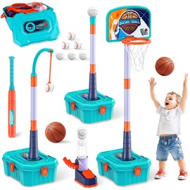 5 in 1 Toddler Basketball Hoop and T Ball Set, Height Adjustable Kids Basketball Hoop for Indoor Outdoor,Portable Mini Basketball Hoop, Birthday Christmas Sport Toys Gift for Boys Girls, Blue