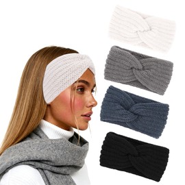 Moikolok (White & Light Grey & Dim Grey & Black) 4 Pack Winter Headbands for Women Stretchy Winter Headwear Ear Warmer Head Bands Outdoor Sports Fashion Hair Accessories