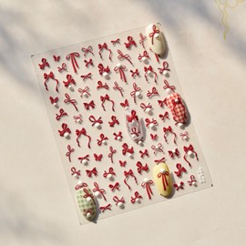 Bow Nail Art Stickers 5D Embossed Nail Decals Self Adhesive Red Nail Sticker for Nail Art Pearl Design for Women Girls Supplies Nail Art Decorations Accessories