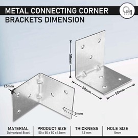 OMIDEAS 15 x Corner Brackets (50 x 50 x 50) Angle Reinforced Metal Braces Wood Timber Galvanised Steel Sheet Connecting Joining Fixing L Repair Connector