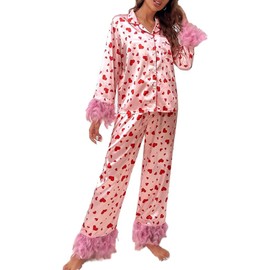 CocMouse Womens Valentines Day Feather Pajamas Set Long Sleeve Heart Print Button Up Top Pants Y2k Holiday Lounge Sets Cute Sleepwear (Pink, S)