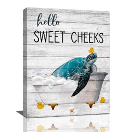 citari Funny Sea Turtle Bathroom Wall Art Teal Turtles Pictures Wall Decor Turtle in Bathtub Canvas Painting Print Farmhouse Bath Signs Artwork Coastal Beach Nautical Bathroom Decor Framed 12"x16"