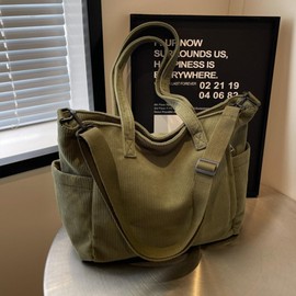 AioTio Women's Corduroy Tote Bag, Large Shopper Bags, Handbag, Corduroy Shoulder Bag, Classic Shoulder Bags for Work, School, Shopping, Green