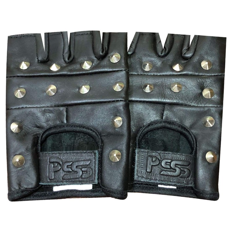 Prime Sports PrimeLeather Quality Real Leather Black Stud Fingerless Biker