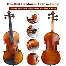 Eavnbaek Violin 4/4 Full Size Set, Solid Wood Fiddle for Adults Beginners Students Kids, with Hard Case, Violin Bow, Shoulder Rest, 2 Rosins and Extra String