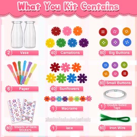 Flower Craft Kit for Kids, Funny Craft Kit for Girls’, Boys’, Kids’ Art, Colourful Buttons, Felt Flowers, Vase Craft, Accessories for Party, for Kids Aged 4, 5, 6, 7, 8, 9, 10 Years