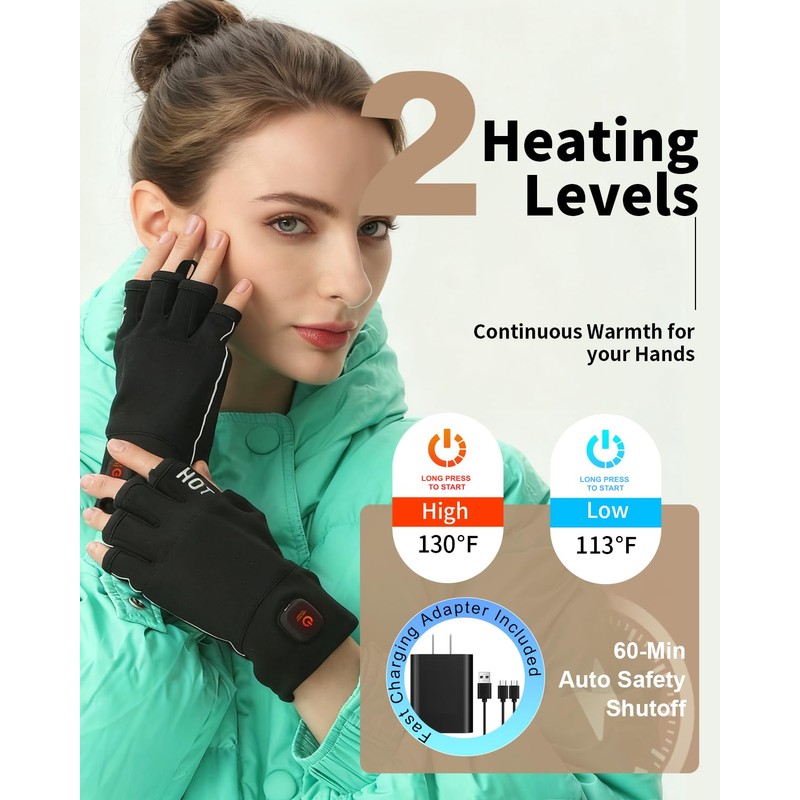 uncn Heated Gloves Fingerless for Women Man with 3.7V 3000mAh