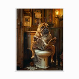 Funny bathroom wall art Funny Bulldog Wall Art Dog Bathroom Print Farmhouse Bathroom Animals Wall Decor Dog Sitting in Toilet Reading Newspaper Painting Artwork Toilet Bathroom 12x16in Unframed