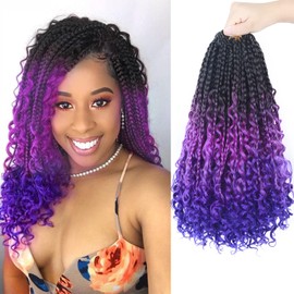 Goddess Box Braids Crochet Hair With Curly Ends 14 Inch Bohomian Box Braids Crochet Braids 8 Packs 3X Crochet Braids Synthetic Braiding Hair Extension for Black Women (14 Inch (Pack of 8), M1B purple Blue)