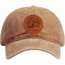 R and R Imports Gig Harbor Washington Adventure Awaits Souvenir Dad Hat Unisex Soft Baseball Cap with Engraved Leather Patch Coffee
