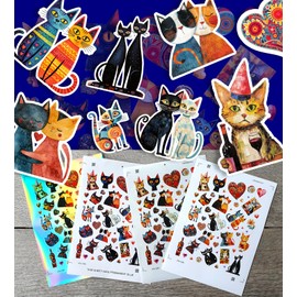Stickers Pack (Over 150 Stickers) Enchanted Lovely Cats: A Vibrant Collection of Artistic Cat Stickers with a Touch of Love and Whimsy ~ Vinyl Stickers White Hologram Transparent
