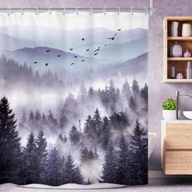 Riyidecor Purple Mountain Shower Curtain 72Wx84H Inch Extra Long Woodland Scenery Park Scene View Natural Foggy Pine Tree Alpine Cool Men Bathroom Decor Fabric Polyester Waterproof 12 Pack Hooks