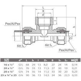 16mm PEX x 1/2" Female x 16mm PEX-AL-PEX Brass Pipe Compression Fittings TEE
